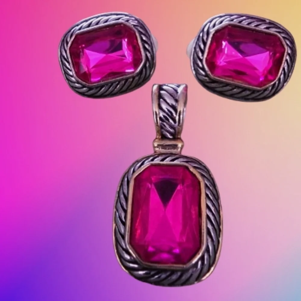 📣 Classic Y2K Fushia💖 Two Tone Gold Rope FASHION Set CLIP Earrings Pendant 😍